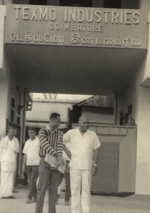 Photo of Texmo Industries from 1956 with founder Mr. Ramaswamy