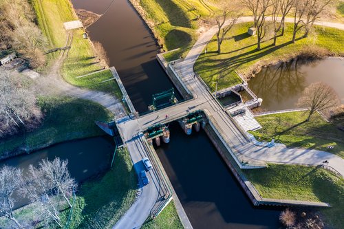 Aerial view of a canal with a bridge