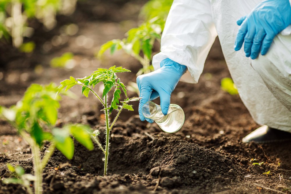 Lab person with a beaker testing the soil