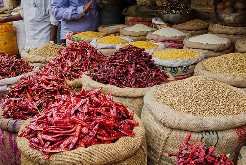 Sacks of grains in a market