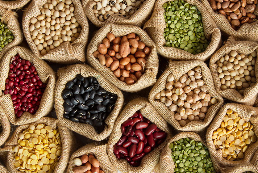 Several sacks filled with different types of seeds and grains