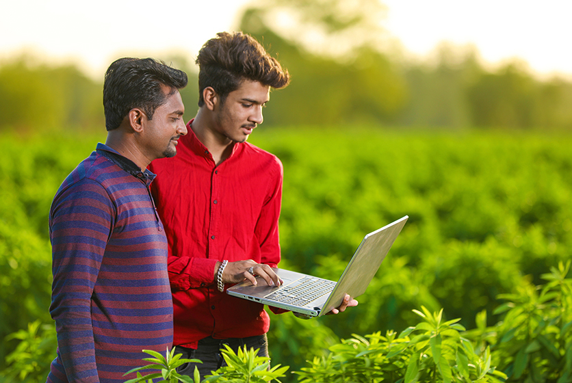 Men with a laptop in a field