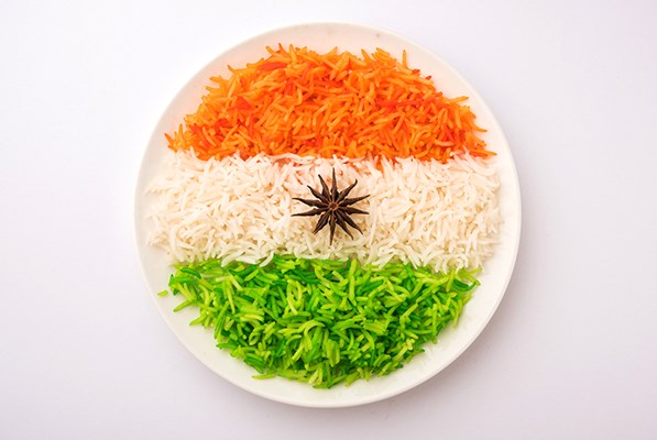 A bowl of tricolored rice matching the Indian flag