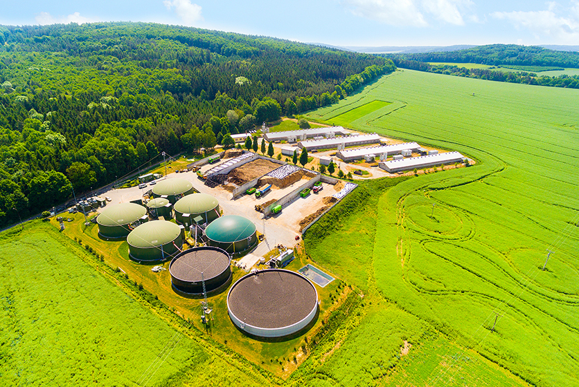Aerial view of biogas plant farm