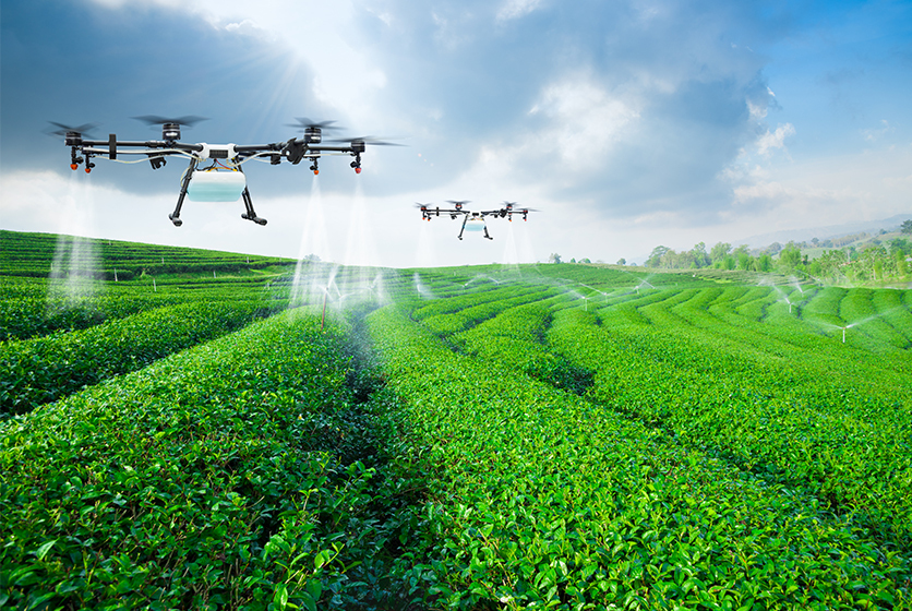 Drones flying over a field