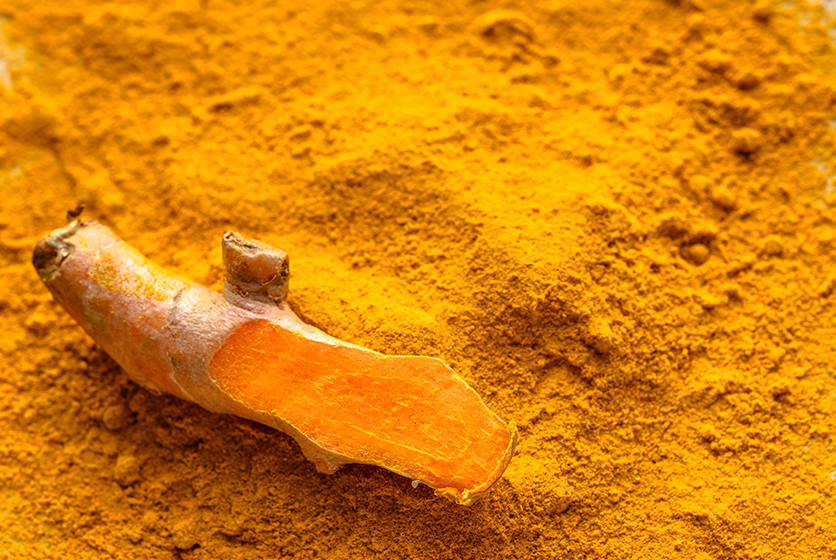 One raw turmeric bark surrounded by turmeric powder