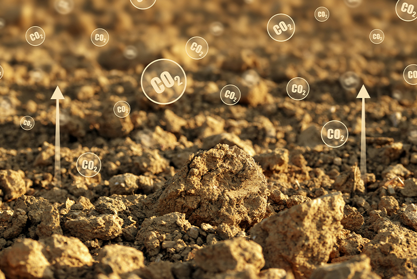 Pictorial of carbon dioxide particles floating over soil
