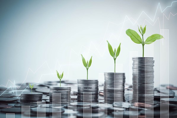 Increasing piles of coins topped with plant saplings