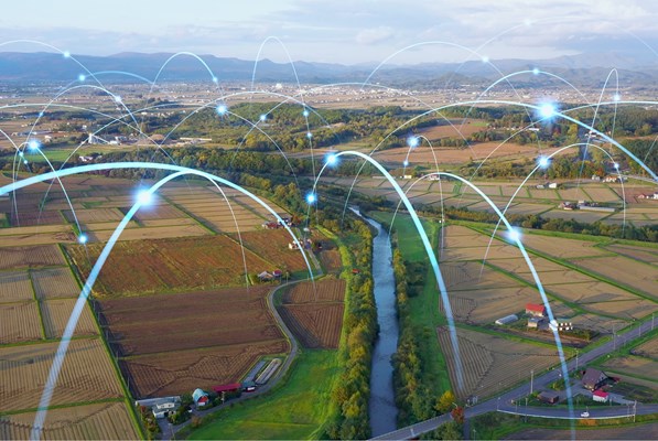 Aerial view of a farm connected by networks