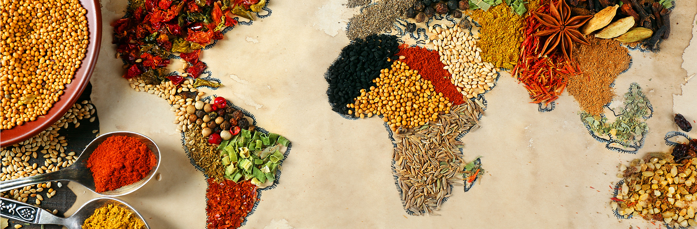 World map made with food grains and spices