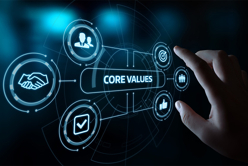Digital representation of company core values with a hand clicking a button