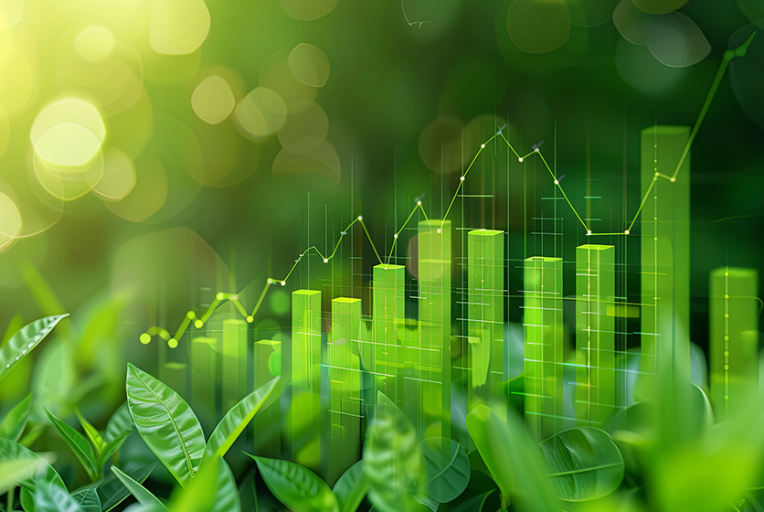 Green bar chart fluctuating for green investment banking