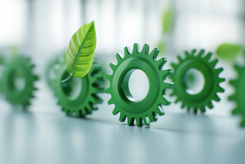 Bioeconomy concept with leaf shaped gear icons