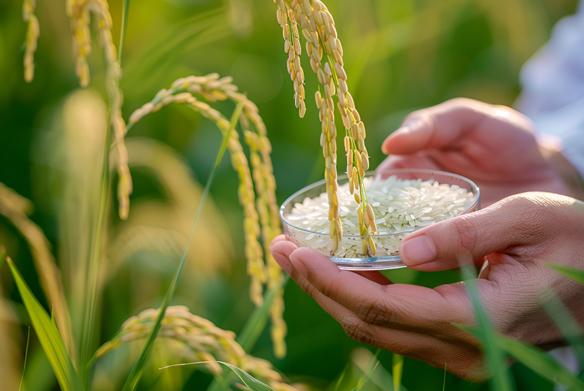 Scientist examining rice in a petri dish in a field