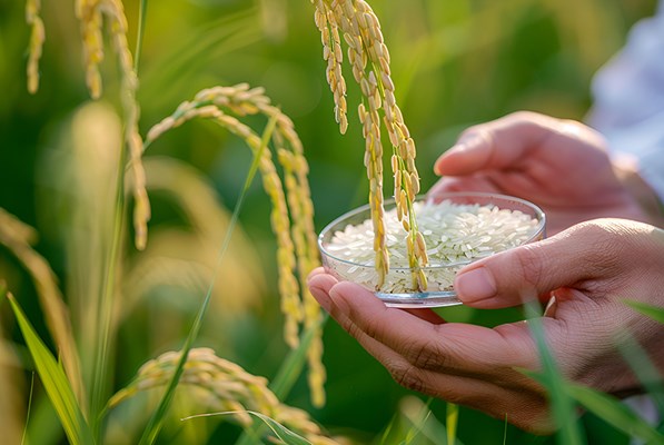 Scientist examining rice in a petri dish in a field