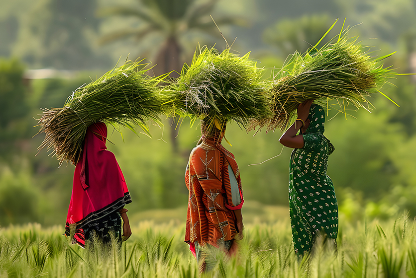 Women carrying grass on their heads in a field