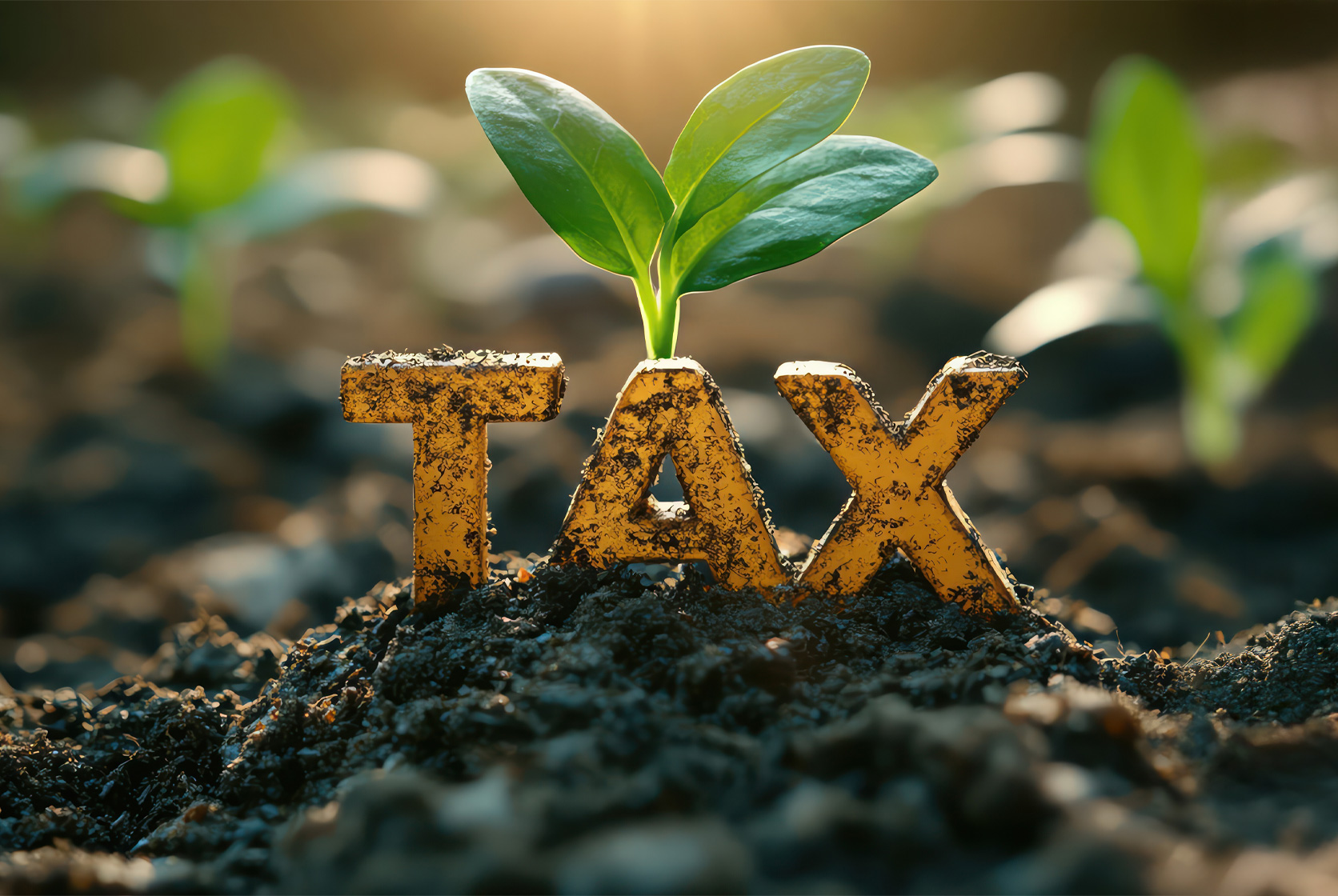 TAX word buried in soil that is sprouting green leaves hopeful tax reform symbolism