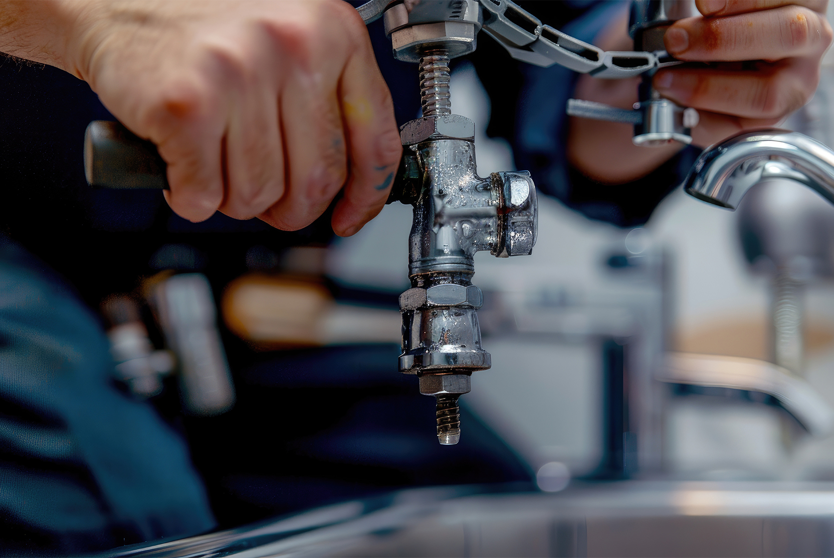 A plumber is working on a clogged drain