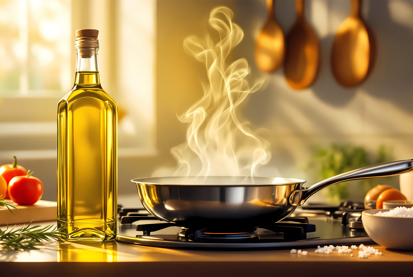 Bottle of olive oil beside a hot pan with rising steam in kitchen light