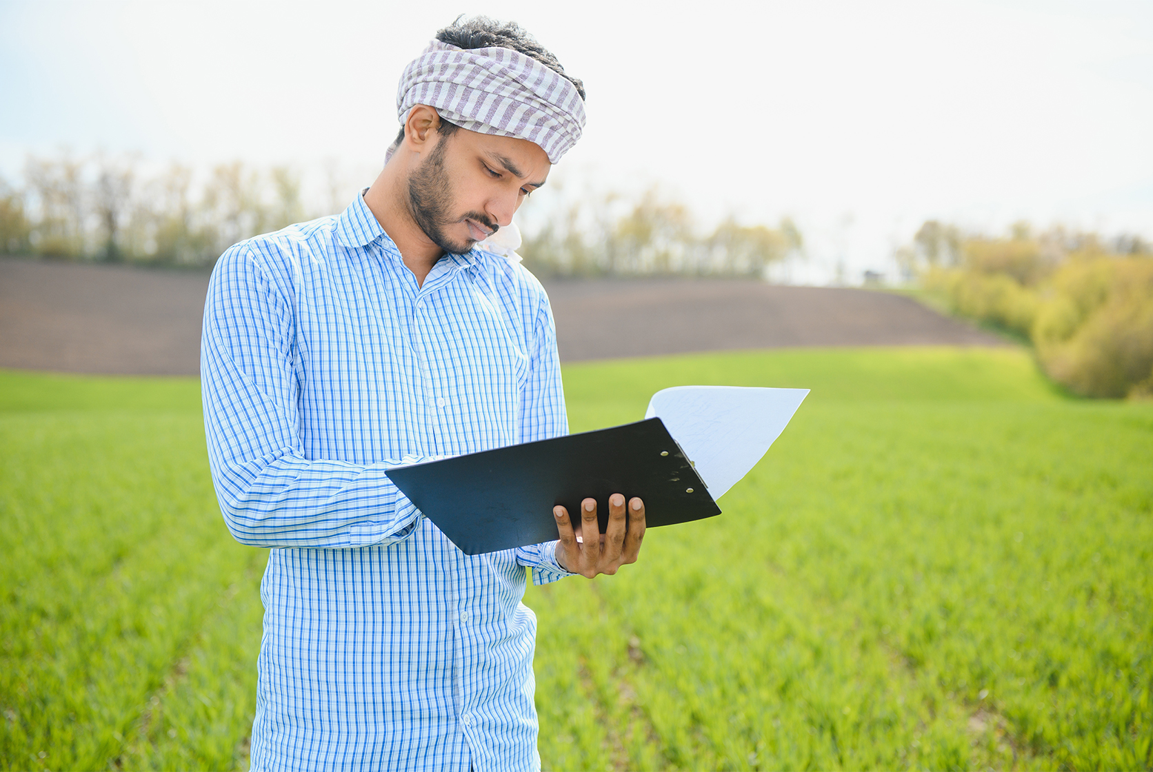 Farmer standing in a green field looking at reports