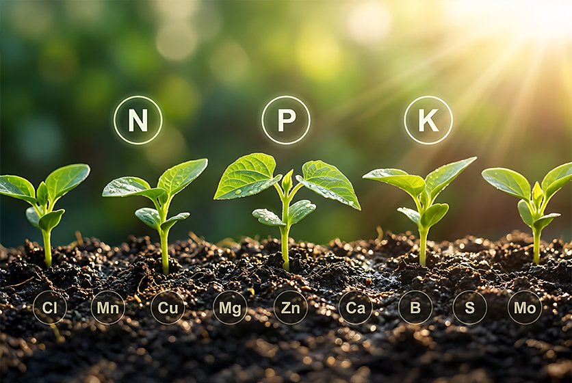 Green plant seedlings growing in soil with essential nutrient symbols N P K and trace elements