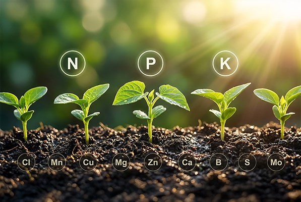 Green plant seedlings growing in soil with essential nutrient symbols N P K and trace elements