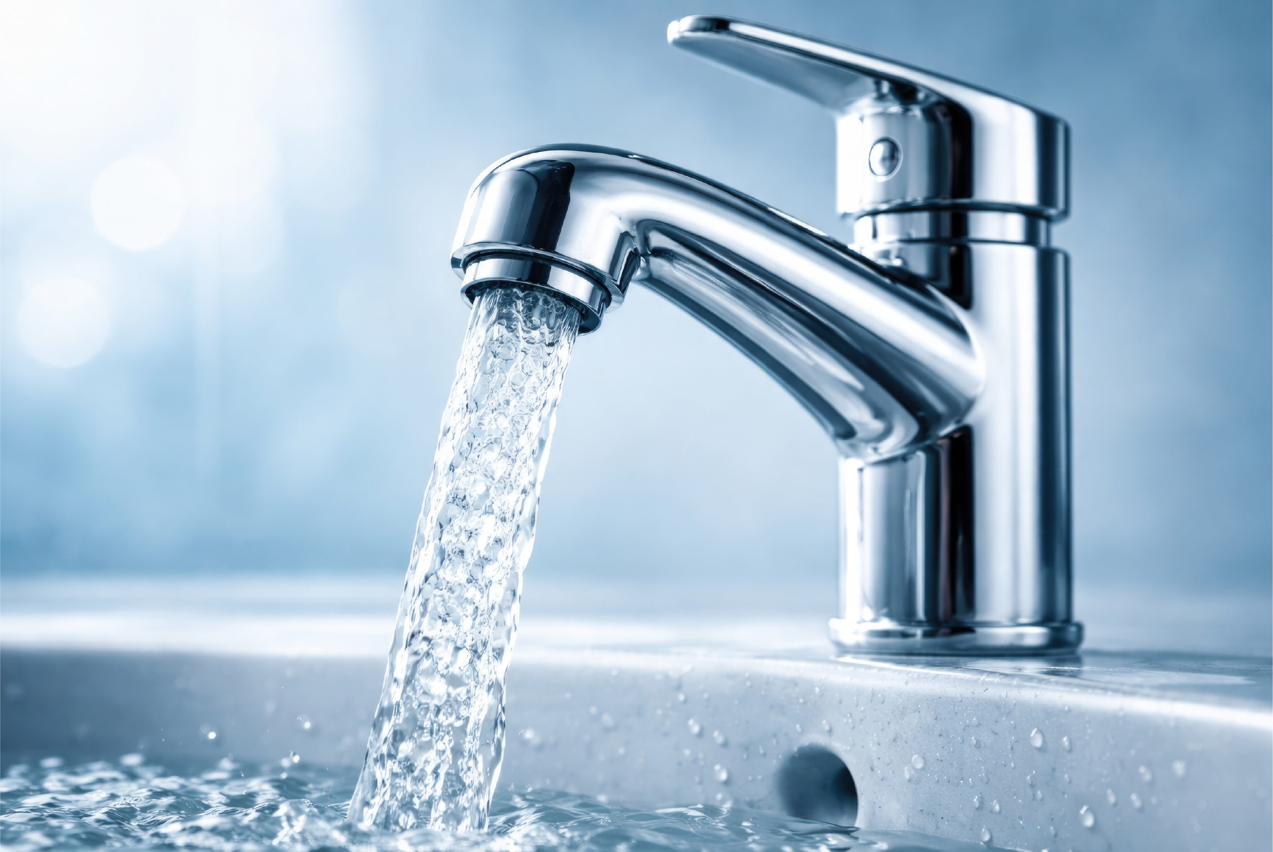 Water flowing out of a chrome tap with a soft blue background