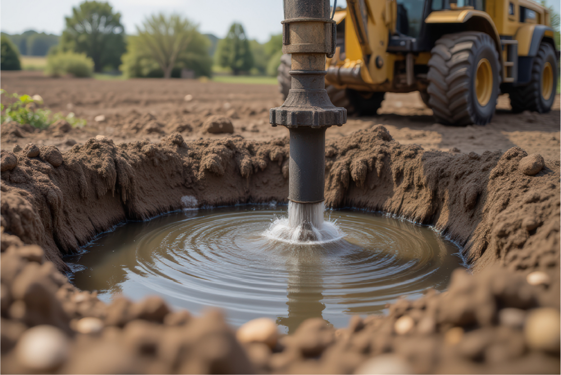 Drilling water well with Auger Machine in field.