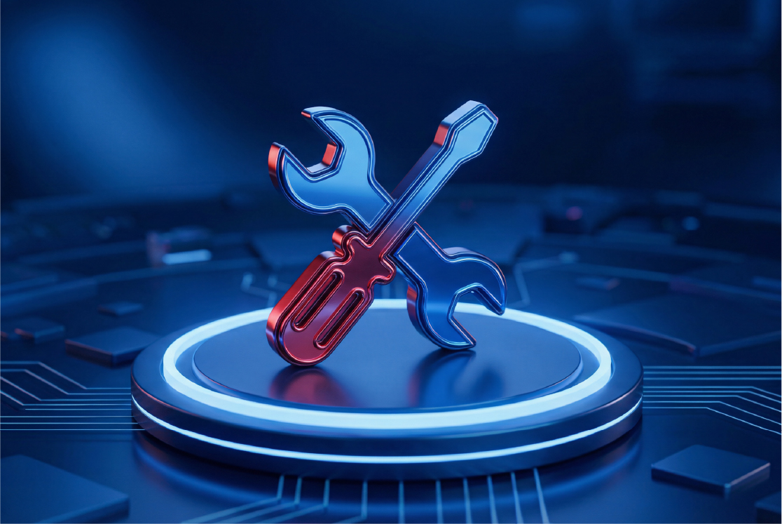 3D red blue metallic wrench crossed tools over a circuit.