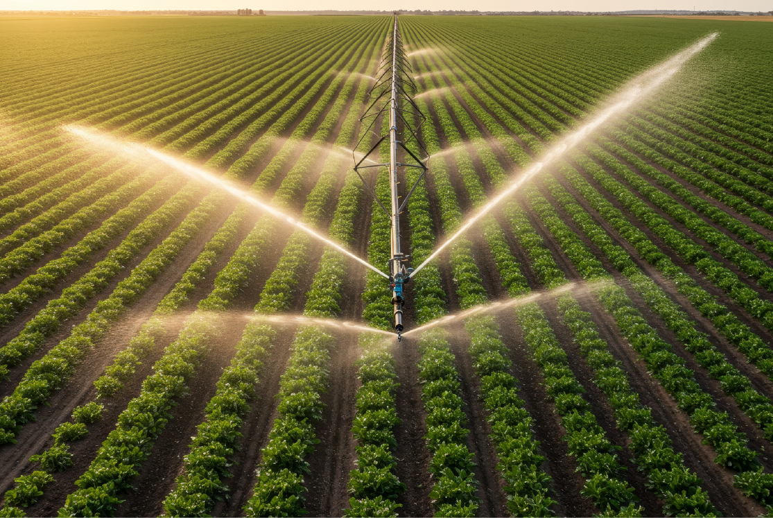 Agricultural irrigation system efficiently waters rows of vibrant green crops.