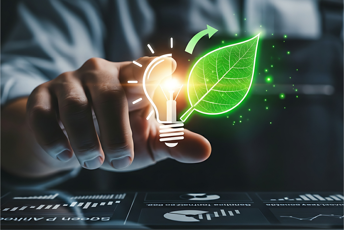 Energy efficiency concept. An engineer's hand touches a lightbulb icon that transforms into a green leaf icon, representing energy efficiency.