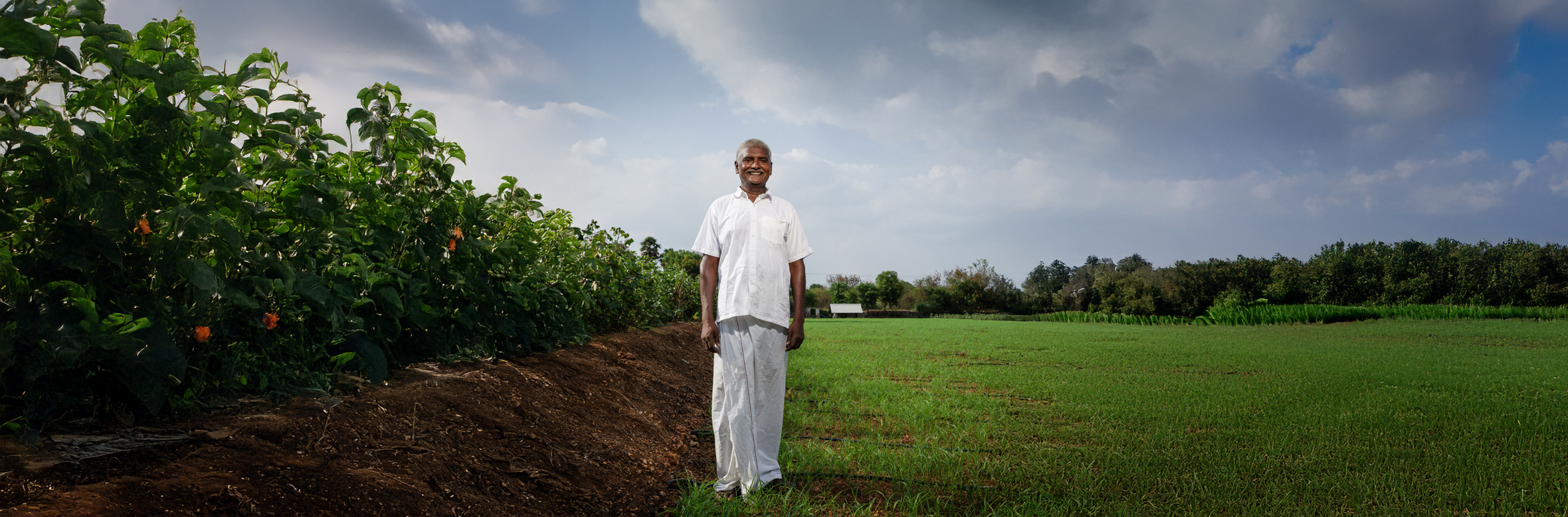Farmer smiling and standing in the middle of a field