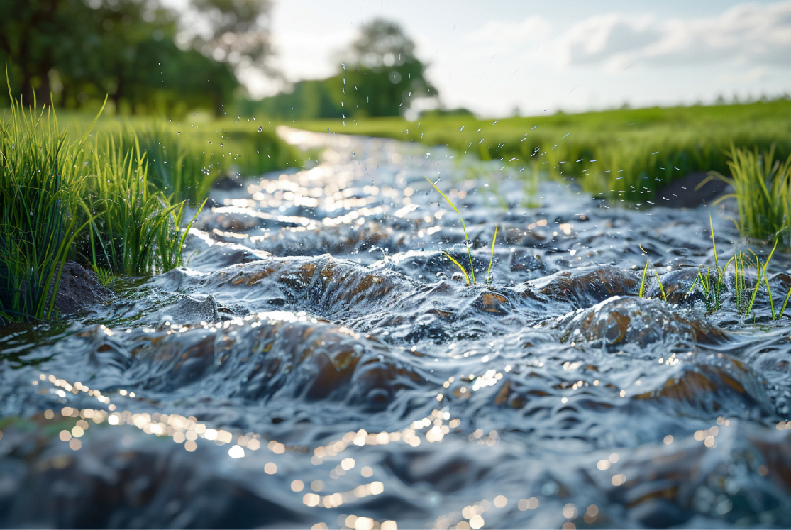 Water flowing in a stream in a green field