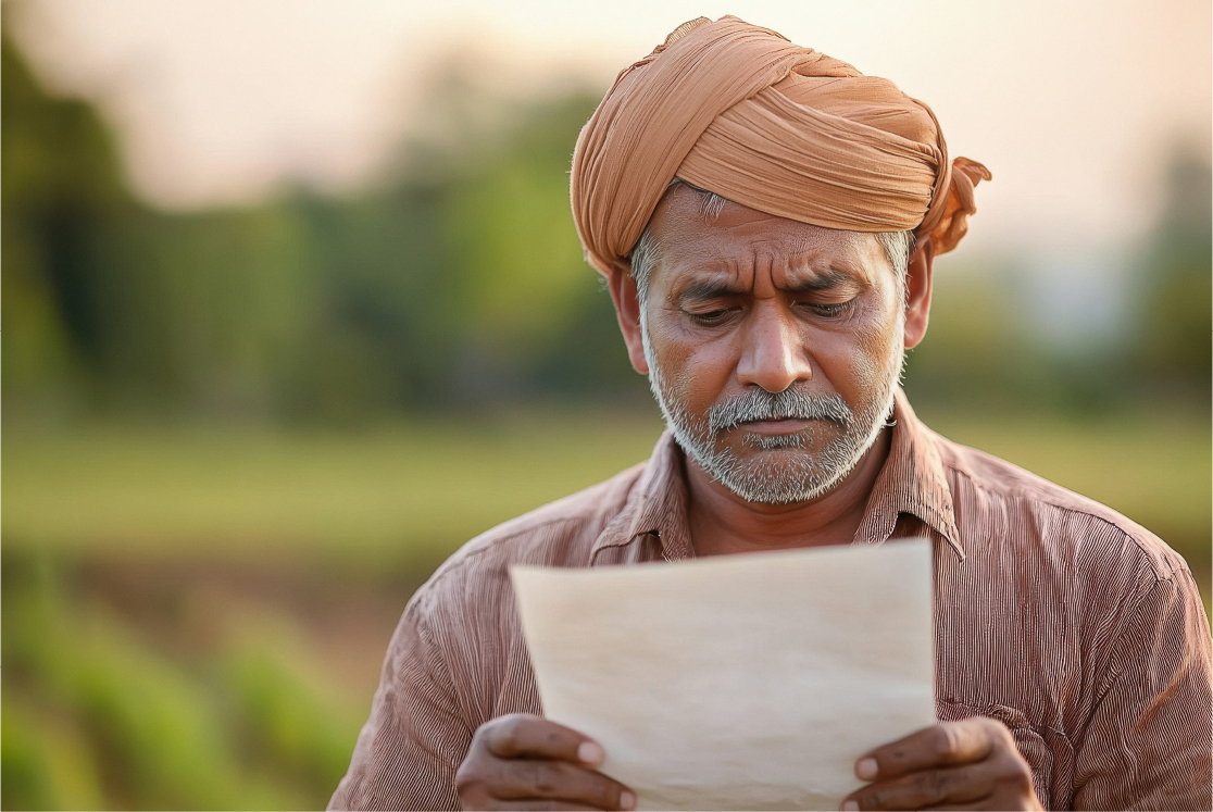 Indian farmer wearing traditional farming attire, looking down at a piece of paper in his hands