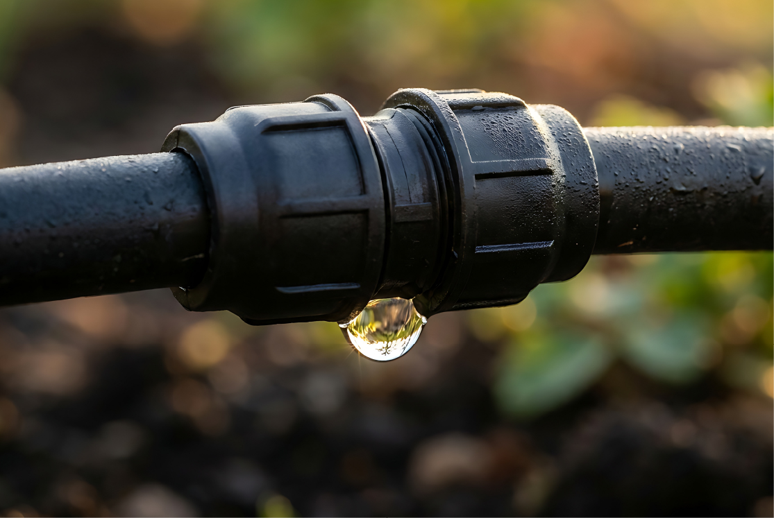 Water droplet dripping from a connected pipe in the garden, symbolizing leak and conservation