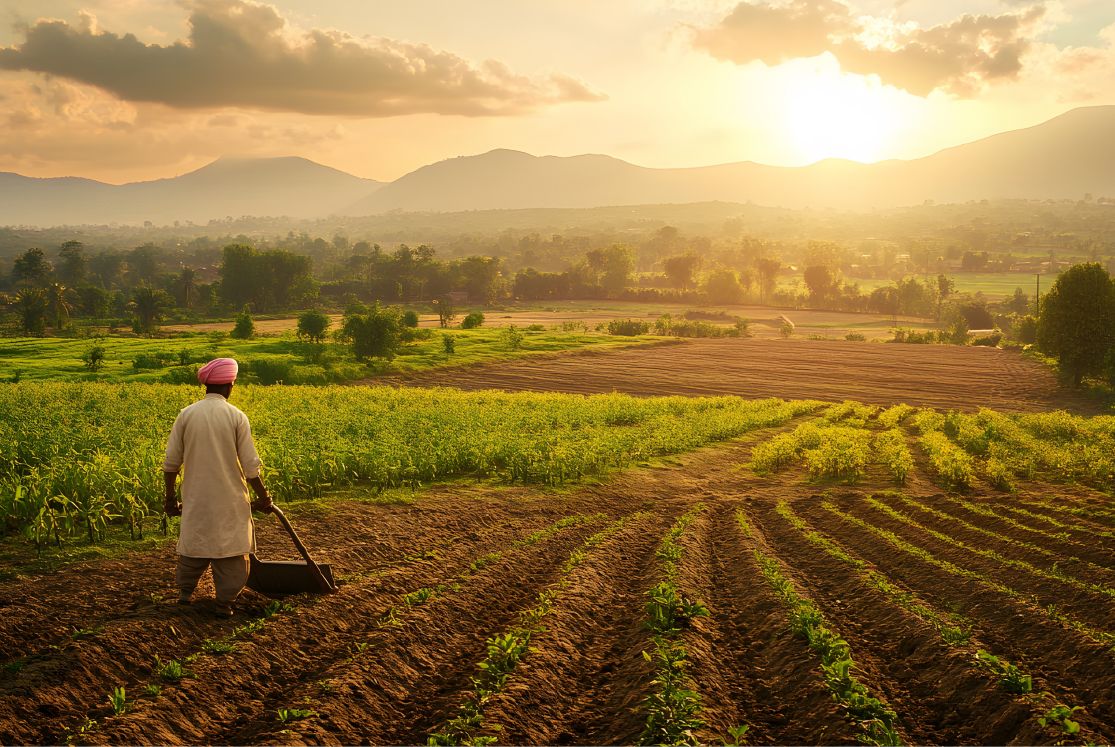 Indian farmer working in the fields at sunset