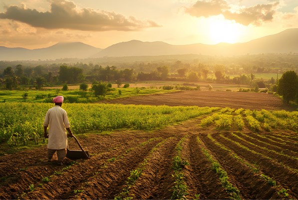 Indian farmer working in the fields at sunset