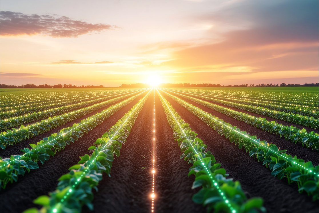 Vibrant green saplings in perfect rows across a vast agricultural field under a glowing sunset