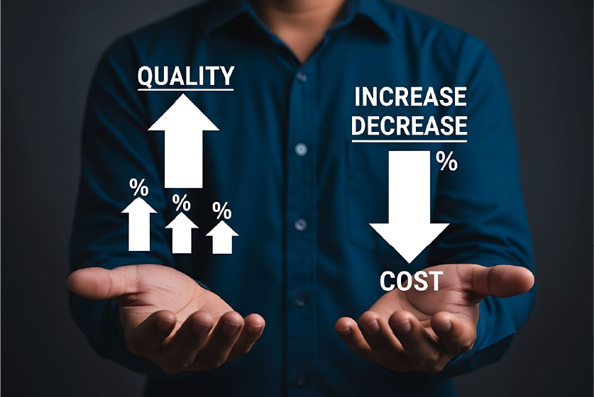 Concept of increasing quality and decreasing business cost with percentage arrows