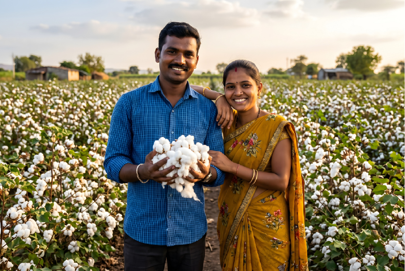 Happy Indian farmer couple holding raw cotton in a cotton field