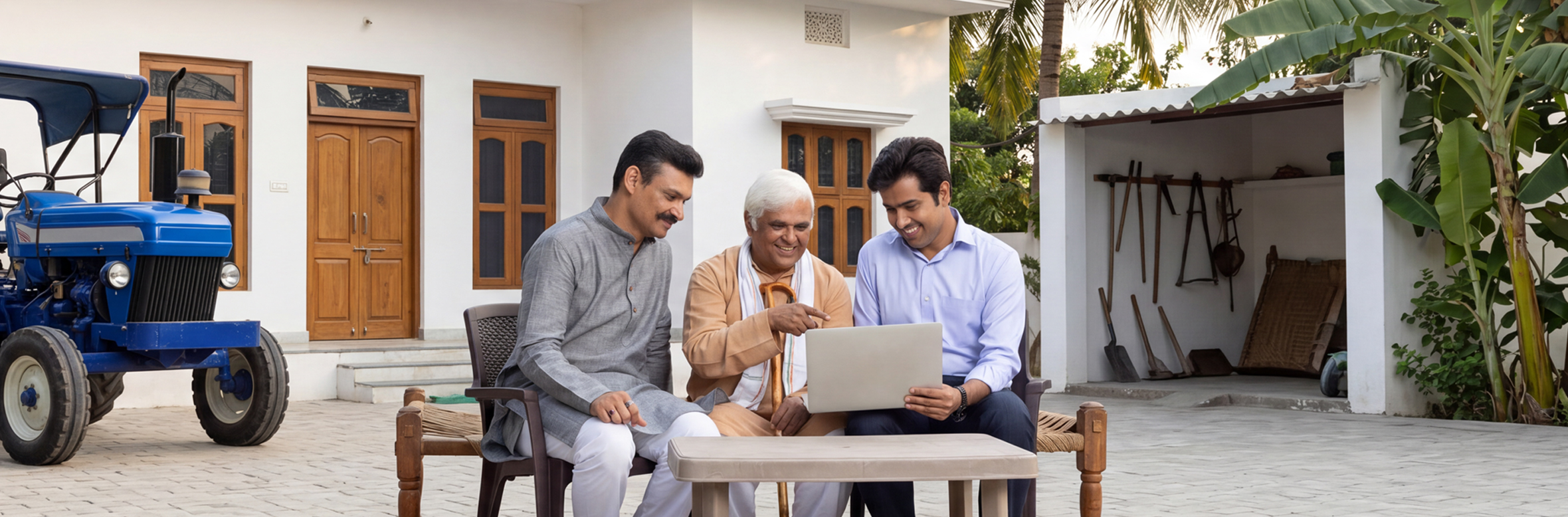 Indian farmers discussing business with a professional agent in front of a laptop