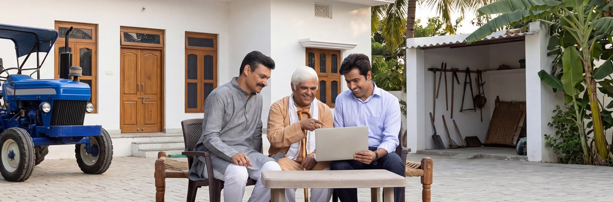 Indian farmers discussing business with a professional agent in front of a laptop