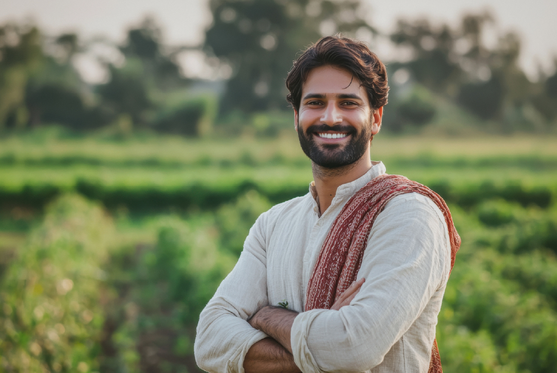 Indian farmer standing in a green field smiling