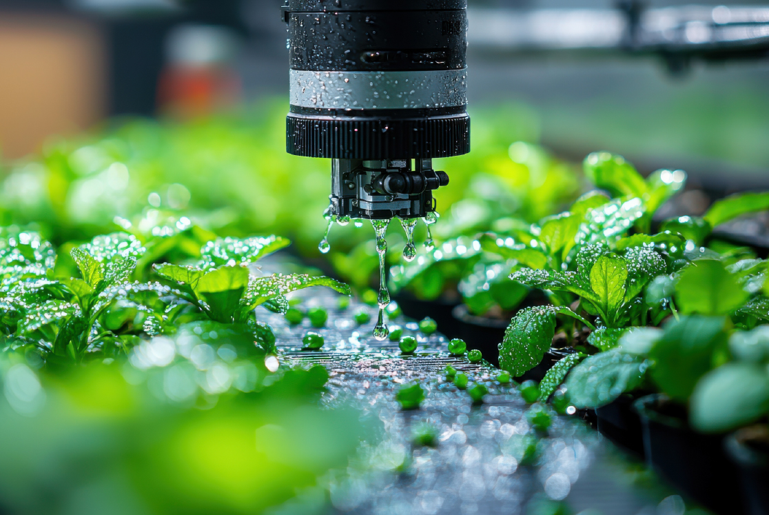 Close up of an agri robotics watering system dripping on vibrant green plants