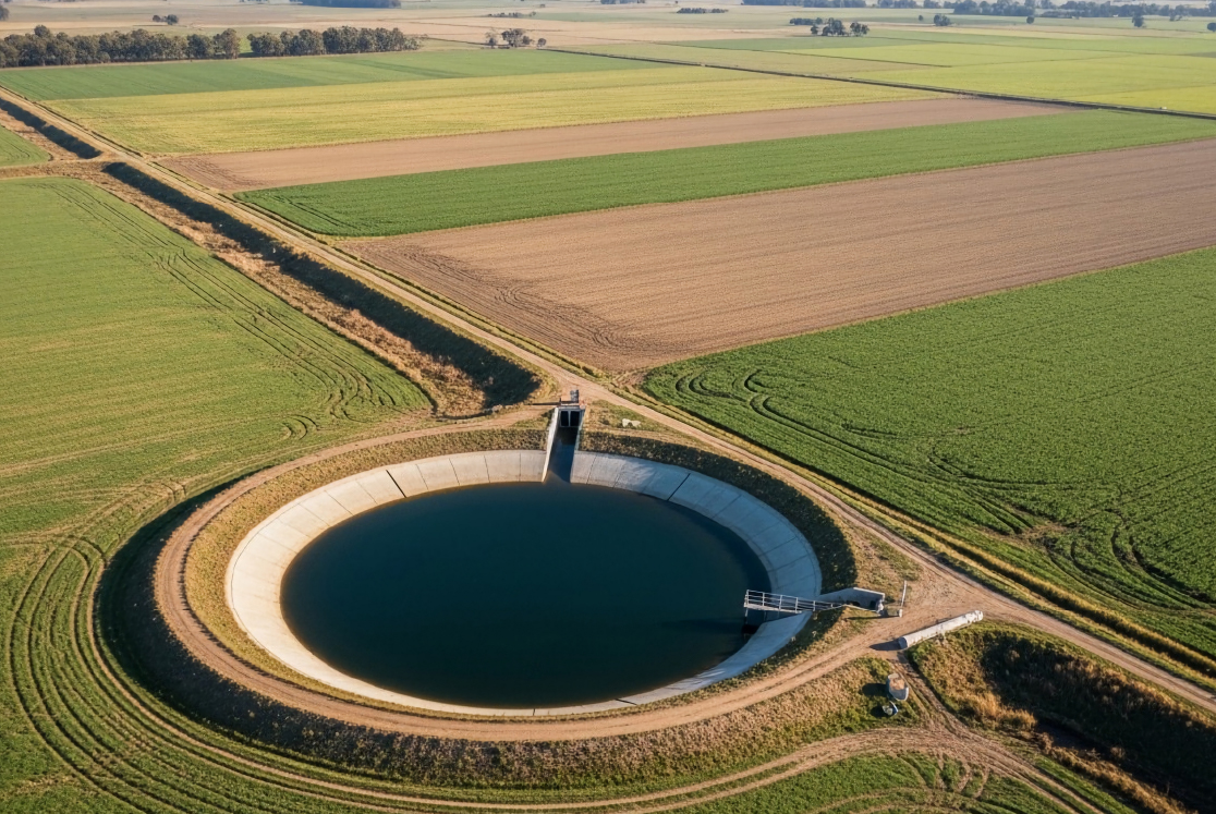 Aerial view of a modern irrigation basin managing water for expansive agricultural fields