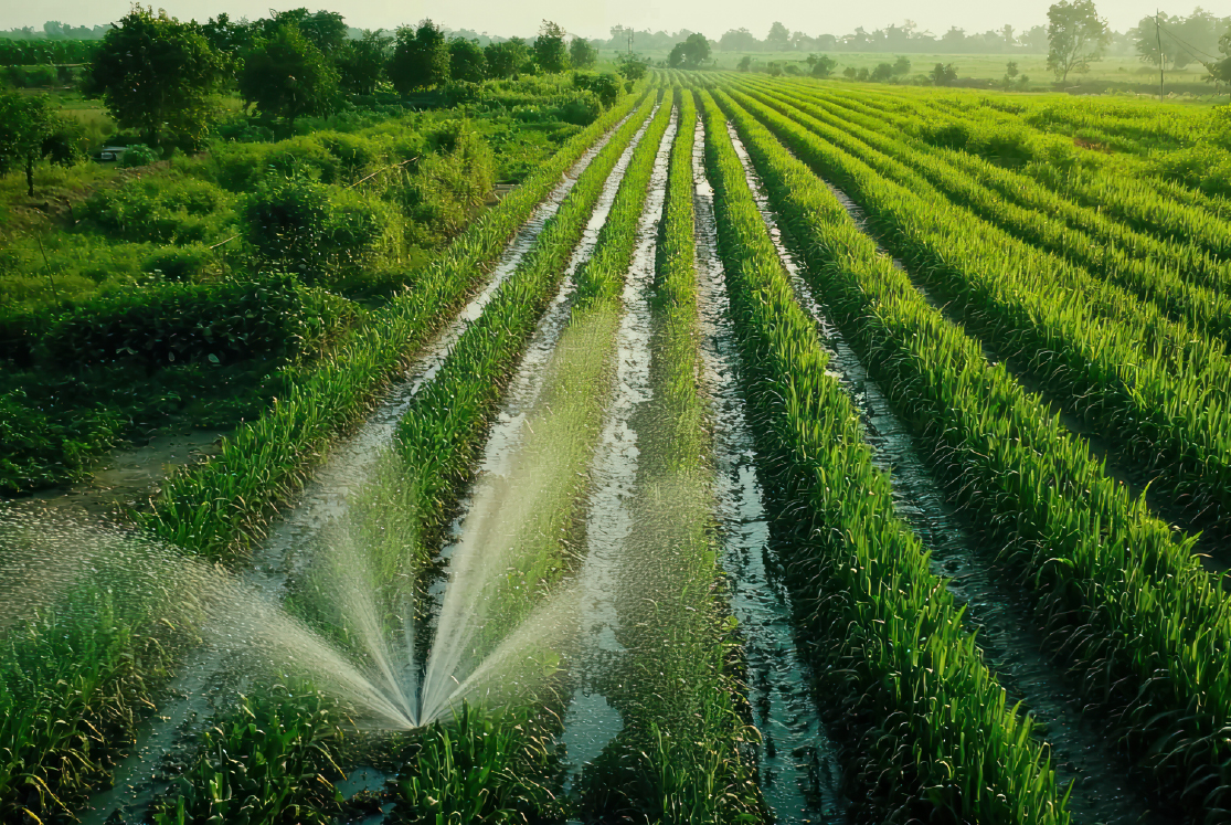 Aerial view showing smart technology being used for irrigation in a lush green field
