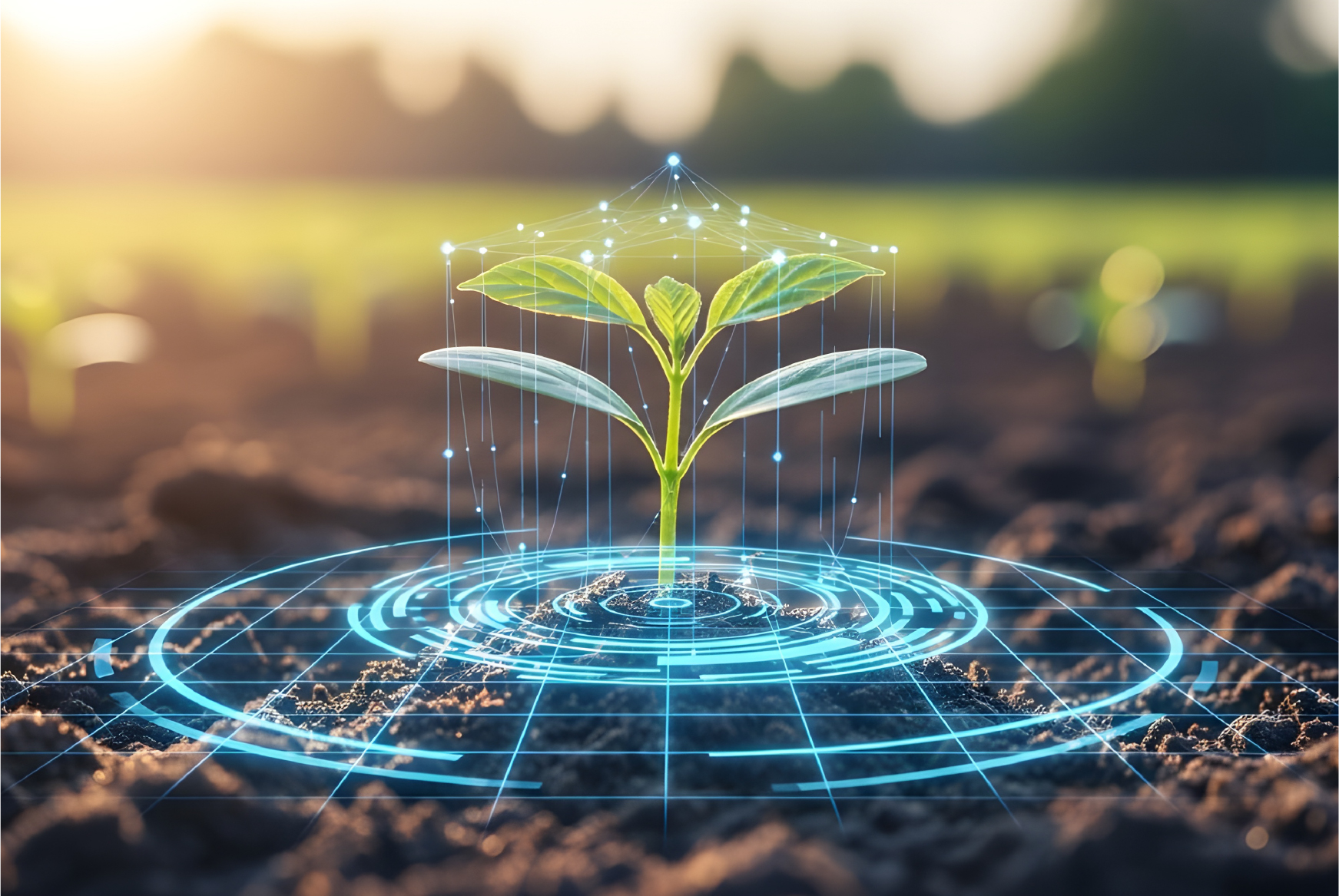 Small plant sprouting from soil surrounded by digital network symbolizing modern agriculture innovation